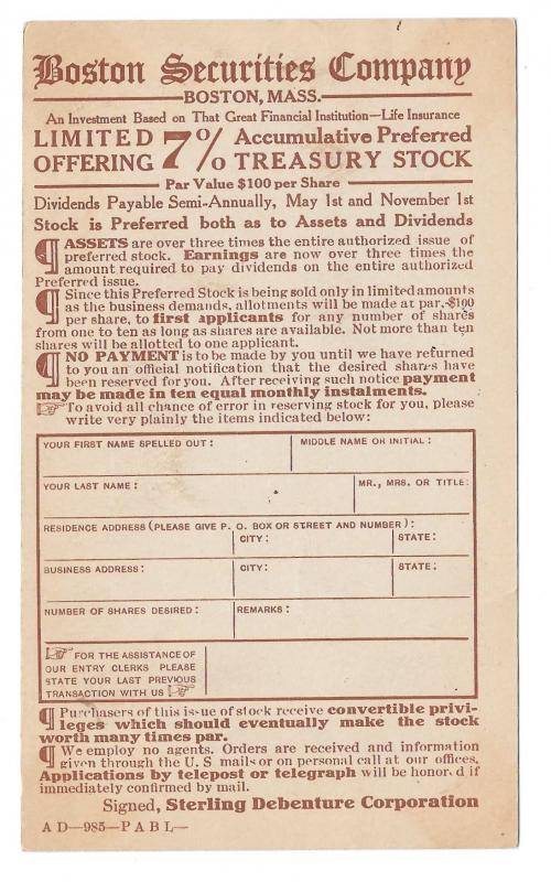 UX22 Sterling Debenture Corp NY Investment Advertising Postal Card Preprinted