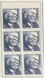 1280c 2c Frank L Wright Booklet Pane of 6 with Tab MNH OG Post Office Fresh