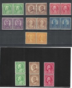 United States, 1923-1925, Scott #597-606 Coil Line Pairs, Mint, Never Hinged