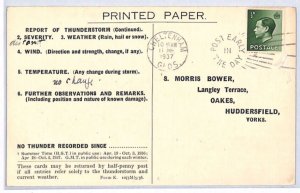 GB GLOS KEVIII Postcard *THUNDERSTORM REPORT* Cheltenham 1937 WEATHER YW111