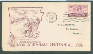 US 782 1936 3c Arkansas Statehood Centennial single on an addressed, typed FDC with a Kershner (first) Cachet, cover is clipped