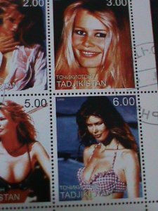 TAJIKISTAN-1999 FAMOUS SEXY MOVIE STAR-CLAUDIA SHIFFER CTO SHEET FANCY CANCEL