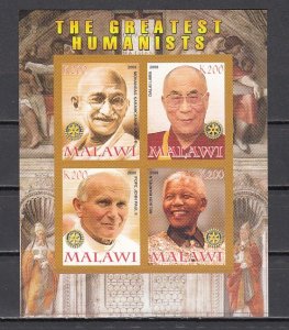 Malawi, 2008 Cinderella issue. Ghandi, Pope, Mandela, Dali Lama IMPF sht of 4.