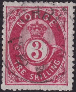 Norway 1872 #18b fvf-u 3s Carmine on bluish thin paper