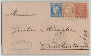 France 1871 15c+25c+40c Ceres Paquebot Cover Marseille to Constantinople