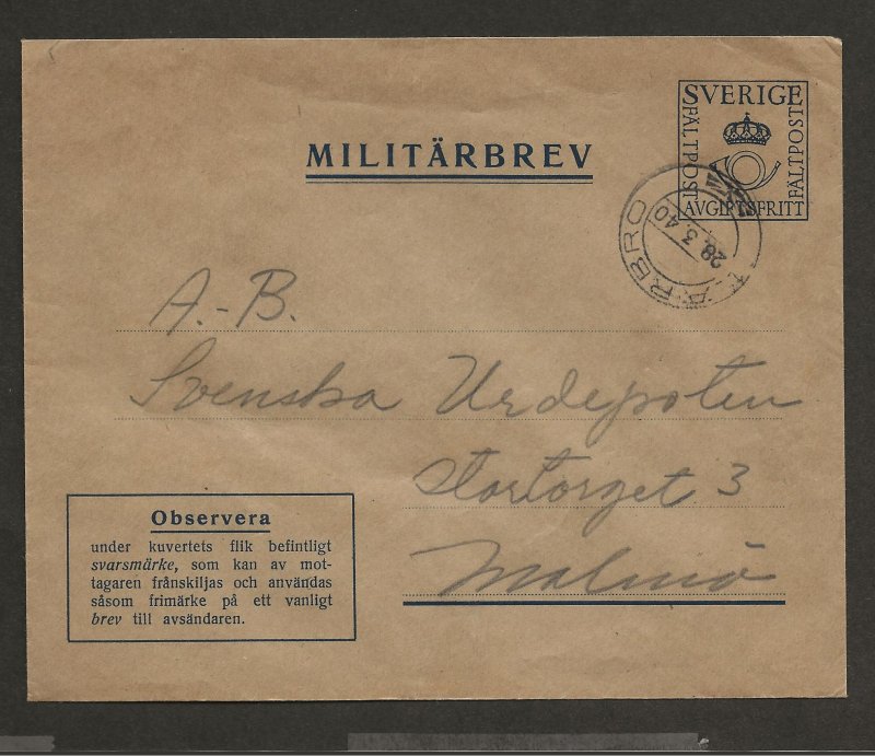 SWEDEN SC# M5I (FACIT)  MILITARY COVER  USED 1940