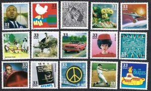 United States #3188a-o 32¢ Celebrate the Century 1960s (1999). 15 singles. MNH