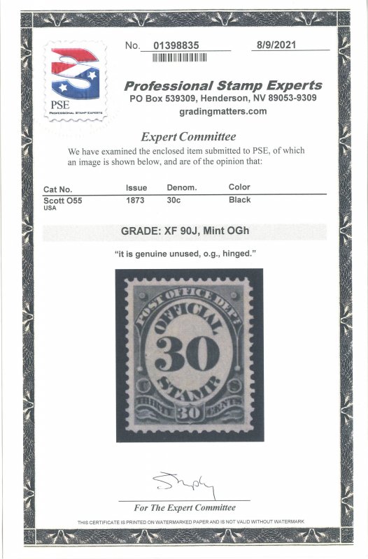 US Scott #O55 Mint, XF, HR, PSE (Graded 90J)