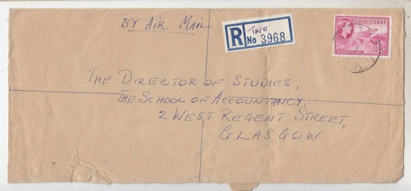 GOLD COAST, 1955 Reg. Airmail cover, QE 3d., 4d.(4), TWIFU cds., TWU mss. label