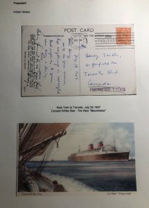 1947 New York USA England Paqueboat postcard Cover To Toronto Canada Postage Due
