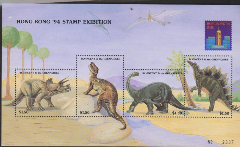 RO) 1994 ST. VINCENT AND GRENADINES, DINOSAURS, HONG KONG STAMP EXIBITION, SOUVE