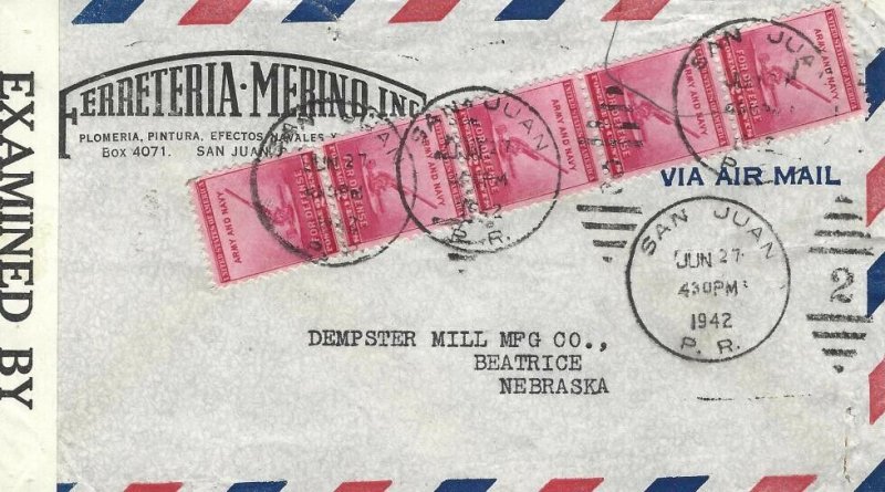 WWII CENSORED COVER FROM PUERTO RICO TO NEBRASKA 1942