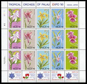 Palau 237-241, MNH full sheet of 15, Expo 90 Garden Show Osaka, Orchids