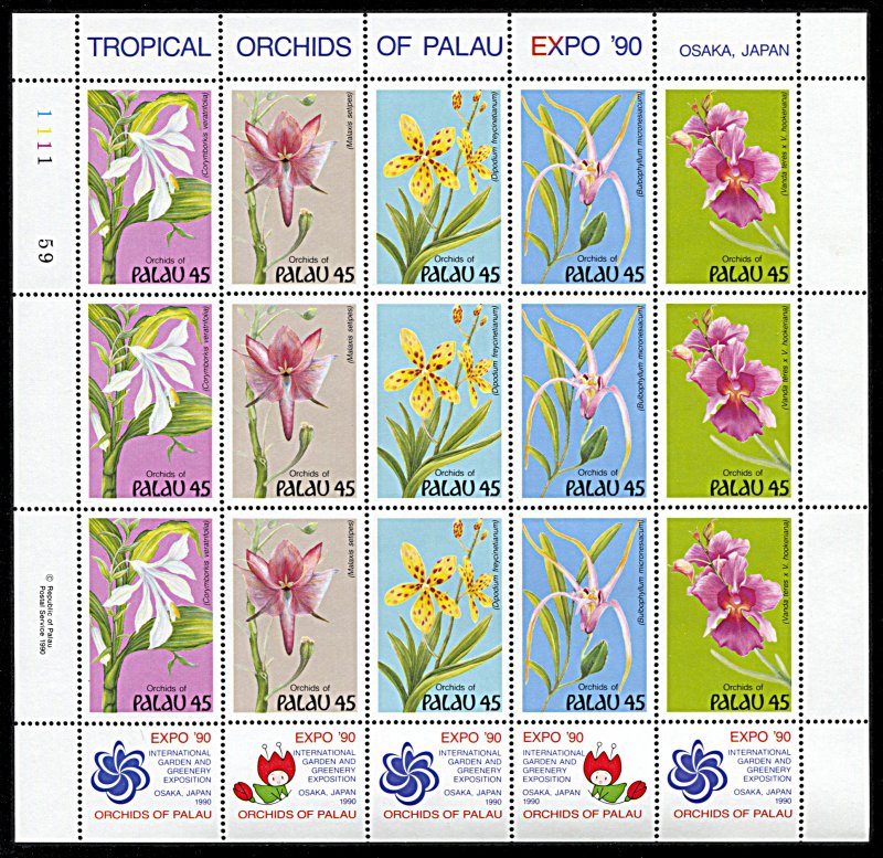 Palau 237-241, MNH full sheet of 15, Expo 90 Garden Show Osaka, Orchids