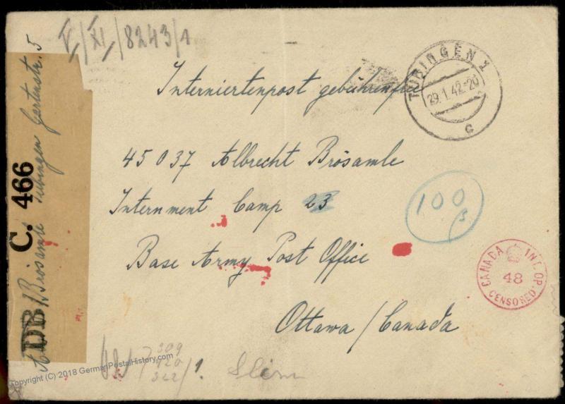 Germany WWII Internierten Internee POW Ottawa Canada Cover 80899