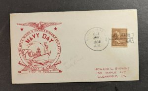 1938 USS Hopkins Navy Day Navy Cover to Clearfield PA San Diego CA Cancel