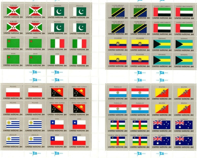 UN - NY Flag Series.  1984 - 4 Panes of 16 - 20c stamps. Face=$12.80, SCV=$27.80