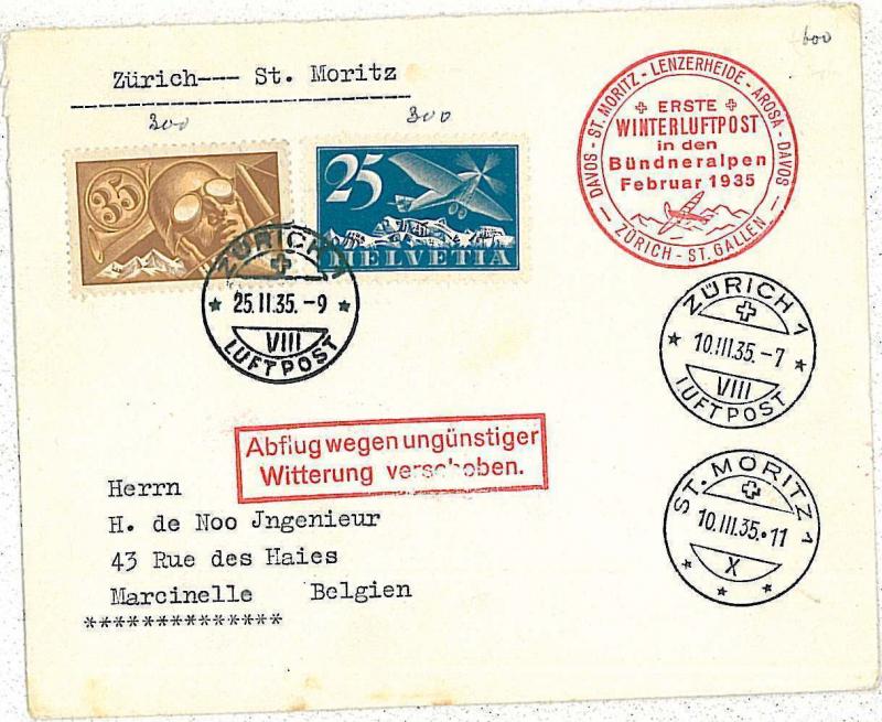 FIRST FLIGHT cover AVIATION:  - SWITZERLAND Schweiz 1935 -  ZURICH \ ST MOTITZ