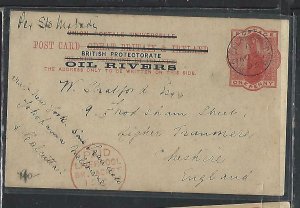 OIL RIVERS COVER (P1211B) 1893 QV 1D PSC OLD CALABAR TO UK,, RED LIVERPOOL #2