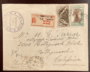 French Oceania 1939 censored Registered cover  Tahiti to Hollywood CA #72 & 109