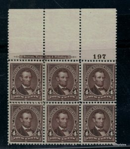 BOBPLATES #269 Lincoln Top Plate Block of 6 BEP Imprint #197 F-VF OG SCV=$775++