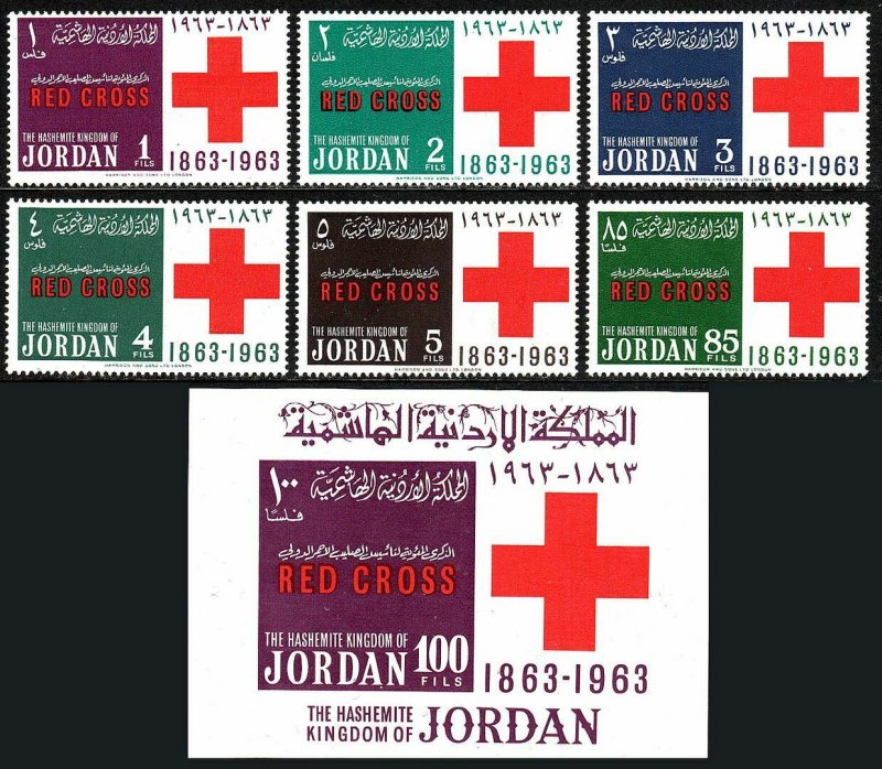 Jordan 413-418,418a S/S, MNH. International Red Cross Centenary, 1963