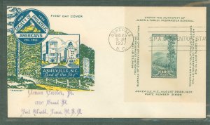 US 797 1937 10c Great Smoky Mountains (Farley mini-sheet) on an addressed (hand stamped) first day cover with a Pavois cachet.