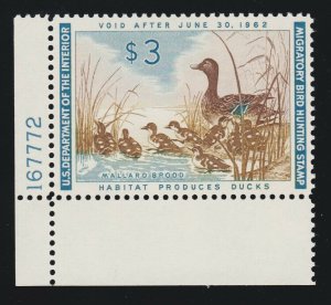 US RW28 $3 Duck Hunting Mint Plate # Single XF OG NH SCV $95