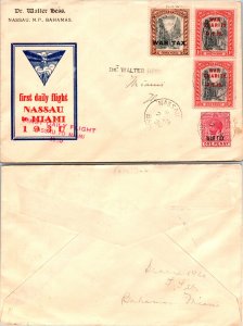 1930 BAHAMAS FIRST FLIGHT FAM 7 USING WAR TAX STAMPS TO PAY RATE + CACHET ( P...