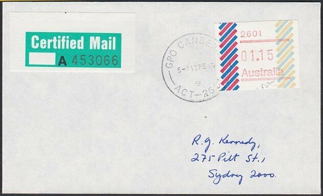 AUSTRALIA 1985 (15 Feb)  $1.15 Frama on Certified Mail cover ex Canberra....E194