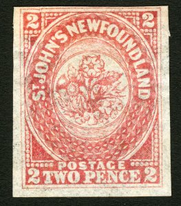 Newfoundland #17 1861-1862 2D Rose Imperf 2nd Printing Hard Paper Mint OG Hinged