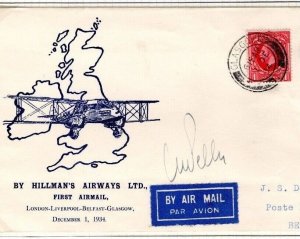 GB SCOTLAND Cover HILLMAN'S First Flight Glasgow Belfast 1934 PILOT SIGNED DL180 