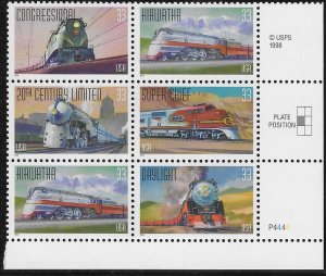 US#3333-3337 $.33 Famous Trains plate block of 6 (MNH) CV $4.50