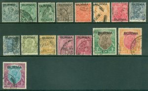 SG 1-15 Burma 1937 set of values to 5r. Fine to very fine used