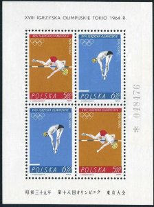 Poland 1263-1264a sheet,MNH.Michel Bl.34. Olympics Tokyo-1964.High jump,Diving.
