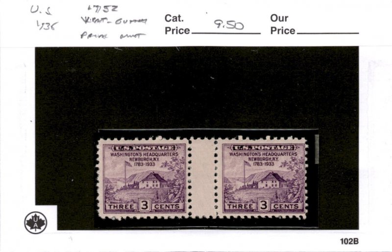 United States Postage Stamp, #752 Mint NH Gutter Pair, 1935 Newburgh (AN) 