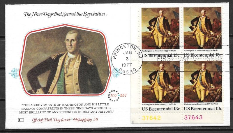 1977 Sc1704 Washington at Princeton block of 4 FDC