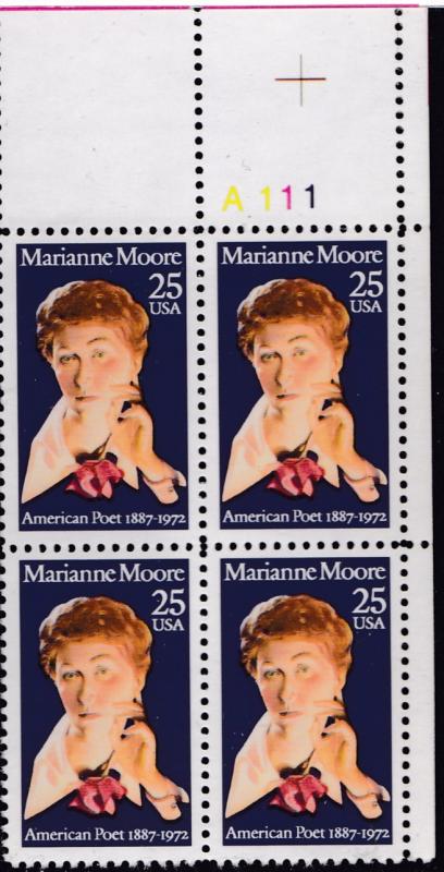 United States 1990 Literary Arts Series Marianne Moore Poet Plate Number Block