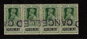 India 1923 3A Agreement Rev Specimen Strip of 4 MLH / 2NH / Toned Gum - S1905