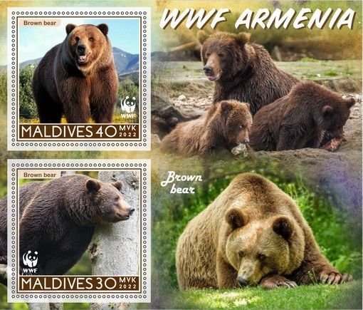 Stamps. Fauna Animals WWF Armenia Bear  1+1 sheets perforated 2022 year