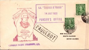1936 South Slocan Canada Ship SS Empress Of Russia Paquebot Cover