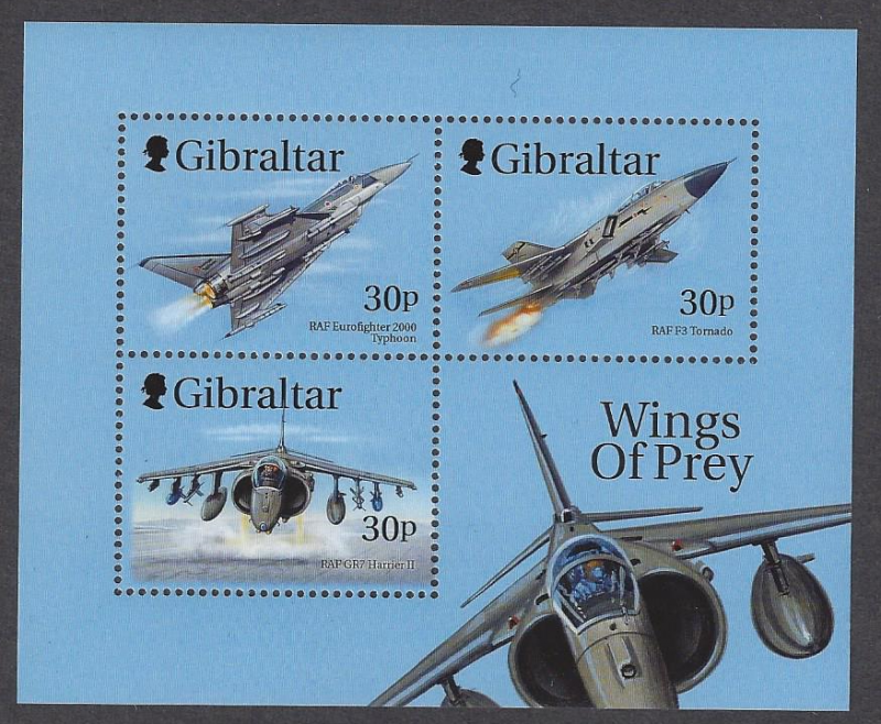 Gibraltar #811a mint, sheet of 3, fighter planes, issued 1999