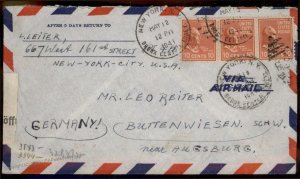 USA 1941 Transatlantic Airmail 10c x3 Prexie Cover OkW Censor Germany 95605