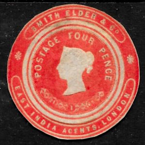 QV Postal : Newspaper Wrapper - SMITH ELDER 4d, Advertising Ring Cutout,  1865