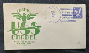 1943 USS Barbel Launching US Navy Submarine Cover Electric Boat Company