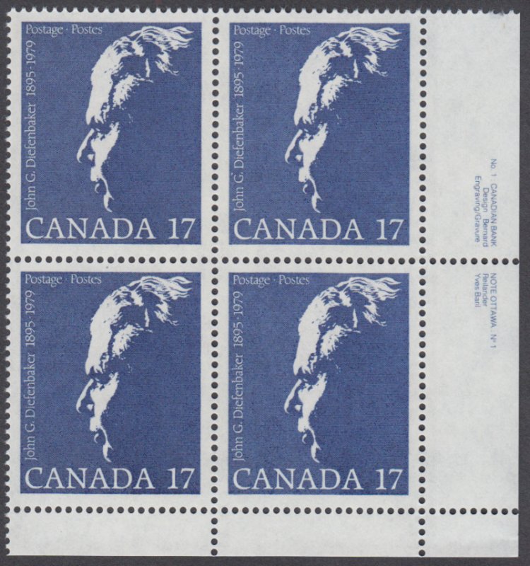 Canada - #859 John Diefenbaker Plate Block -MNH
