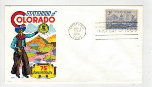 5 COLOR KEN BOLL CACHET FDC 1001 COLORADO STATEHOOD 1951 STAMP ISSUE Minturn