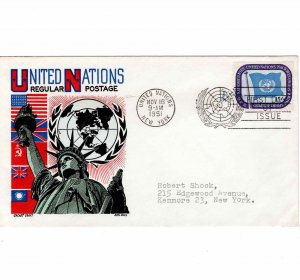 United Nations 1951 FDC Sc 7 Regular Postage 15c UN Cachet Craft Ken Boll