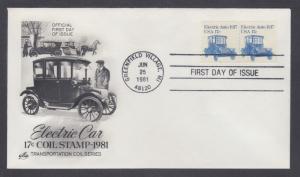 US Sc 1906, PNC 1 FDC. 1981 17c Electric Auto, Joint Line Coil Pair, ArtCraft