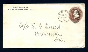 # U277a entire A. M. Kidder & Co., New York, NY to Milwaukee, WI - 7-21-1886